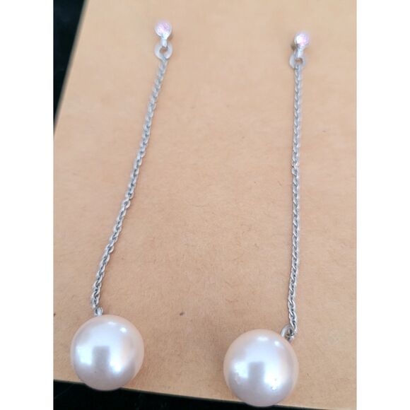 2-1/2" Faux Pearl Dangle on a Silver Chain from a Pink Crystal Post Earrings - Picture 1 of 4